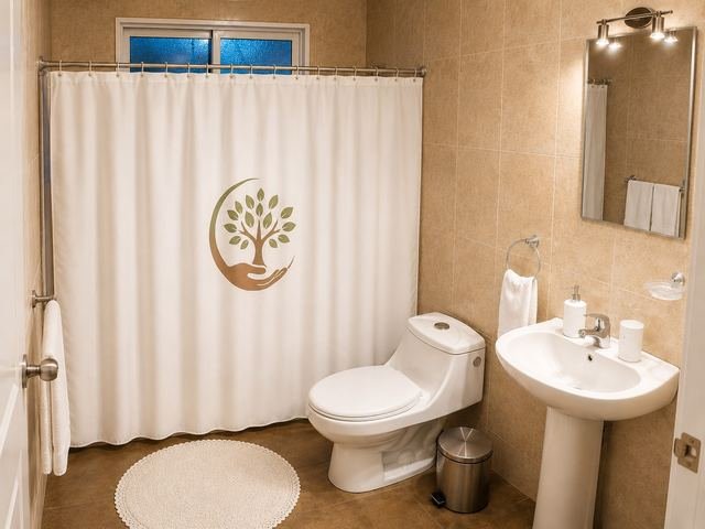 Baño en suite con ducha, inodoro con barra de apoyo y lavamanos