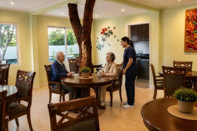 Residentes y una cuidadora conversando alrededor de una mesa redonda del comedor