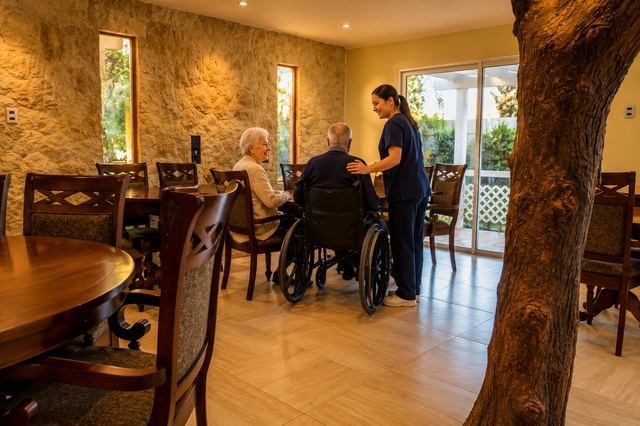 Una cuidadora atiende en el comedor a dos residentes, uno de ellos en silla de ruedas