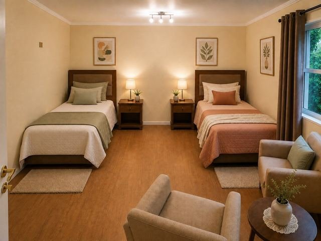 Habitación compartida con dos camas separadas, veladores y un sillón junto a la ventana