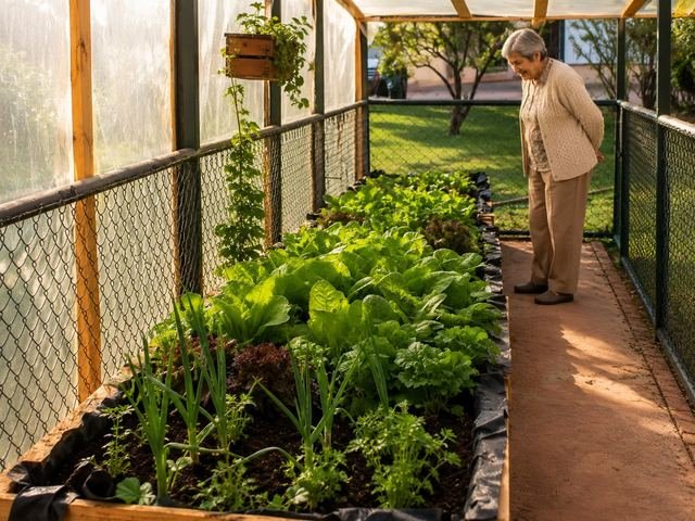 Una residente observa las lechugas y hierbas cultivadas en el invernadero