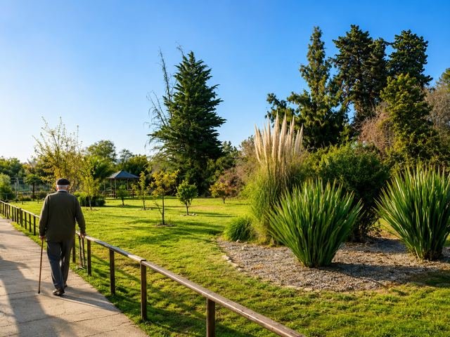 Un residente camina con bastón por un sendero del parque, entre pastos y árboles
