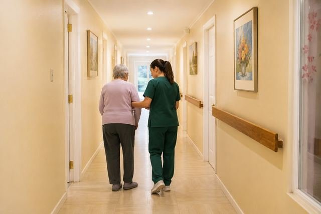 Una técnica en enfermería acompaña a una residente por el pasillo con pasamanos